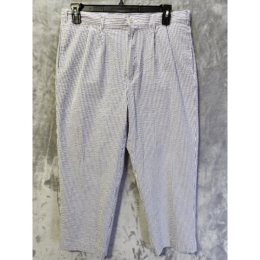 John Blair Fine Mens Grey/White Seersucker Pants Size 36 Classic Preppy